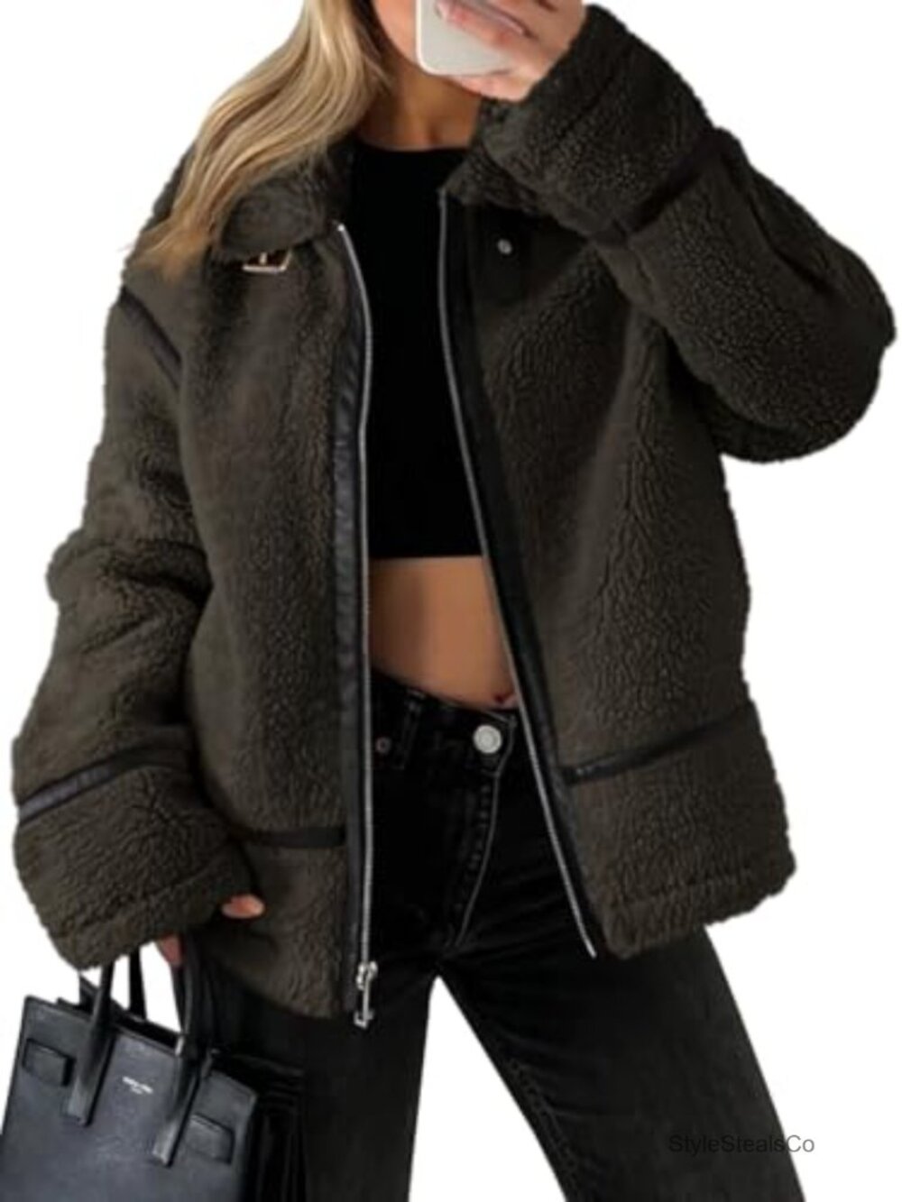 Womens Faux Fur Jacket Sherpa Moto Zip Up Coat Cropped Oversized